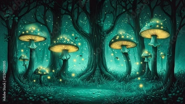 Fototapeta Enchanted Glowing Mushroom Forest Fantasy Art