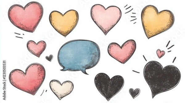 Fototapeta A vector illustration set of hand-drawn speech bubbles. Speech balloon, frames, stylish, handwritten, hearts