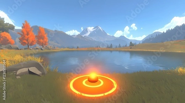 Obraz Serene Autumn Lake with Glowing Orb and Mountain Background