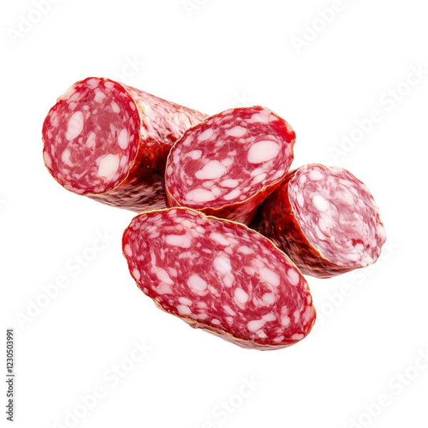 Fototapeta Close-up of Saucisson Sec slices isolated on white transparent background. Concept of fresh deli meat and gourmet food.