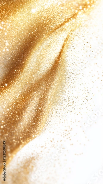 Fototapeta Golden sand, dust and glitter flow on white background, luxury background, gold and white colors. Banner and advertise backdrop