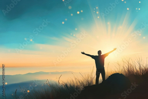 Fototapeta Happy man rise hand on morning view. Christian inspire praise God on good friday background. Now one man self confidence on peak open arms enjoying nature the sun concept world wisdom fun hope.