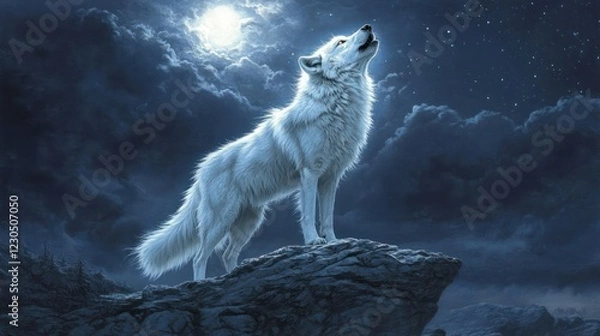 Obraz Arctic wolf howling at night moon, mountains background; nature poster