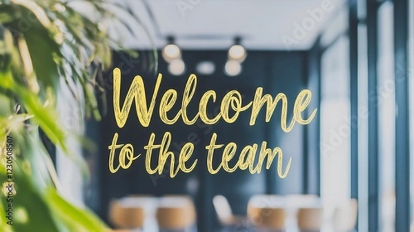 Fototapeta welcome to the team text in an office environment with warm lighting