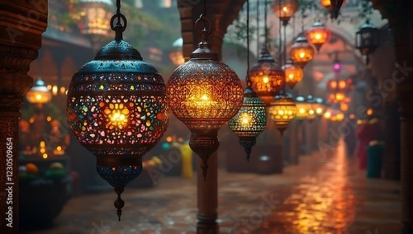 Fototapeta Illuminated Colorful Moroccan Lanterns Hanging in a Dimly Lit Street at Dusk

