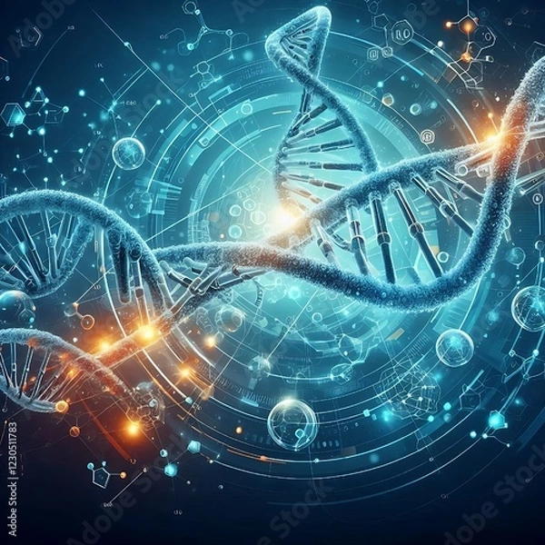 Fototapeta visualization of wave particle A science banner, wallpaper, or template featuring DNA molecules. Vector-based artwork.
