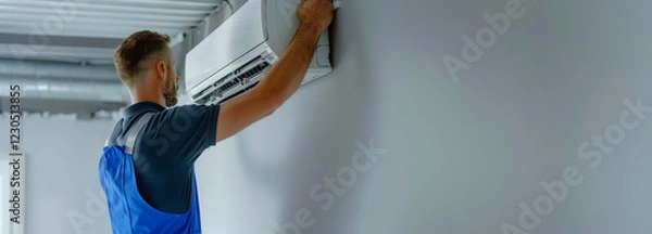 Fototapeta A man in a blue uniform installs an air conditioning unit on a gray wall. Concept of home maintenance and repair. For home repair services.