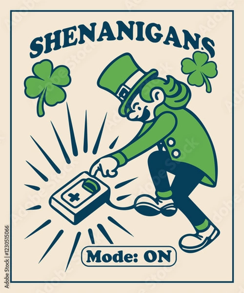 Fototapeta A playful Irish leprechaun flipping a switch to "ON," with a green glow and shamrocks around. Vector typography t-shirt design.