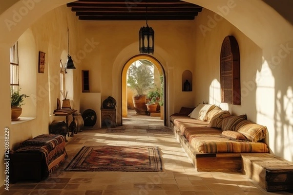 Fototapeta A cozy, sunlit Mediterranean interior design style of a rustic living space featuring a long, cushioned bench, traditional rugs, and potted plants. Arched doorways lead to a serene outdoor view.