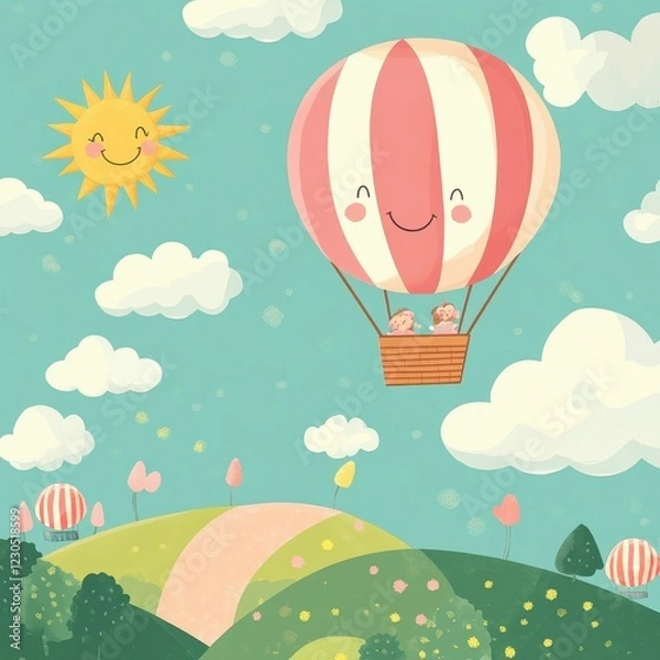 Fototapeta Happy Hot Air Balloon Ride Over Scenic Hills