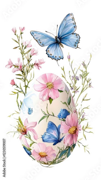 Fototapeta Illustration of colorful Easter eggs with butterflies and flowers in a spring frame, isolated on a white background.	