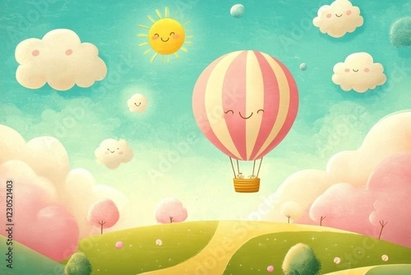 Fototapeta Happy Hot Air Balloon Soaring Over Pastel Hills