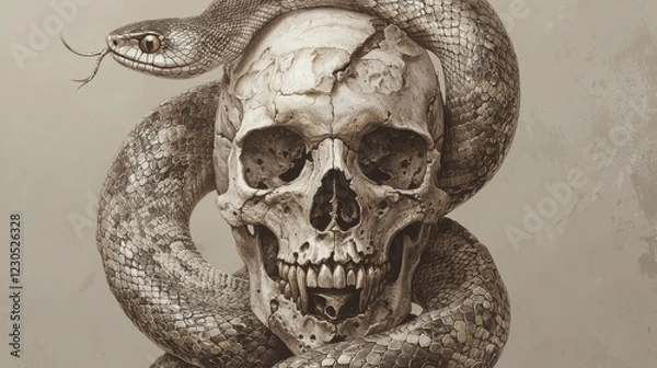 Fototapeta Serpent and Skull: A macabre masterpiece of death and decay, intricate details showcasing the skull and snake's texture. A study in monochrome.
