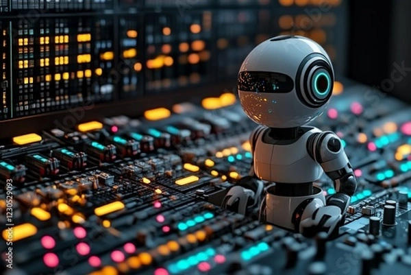 Fototapeta Robot operates control panel with colorful lights in a futuristic environment