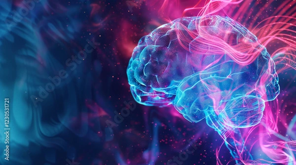 Fototapeta A digital brain with vivid blue and pink colors floats in a dark, abstract space. Concept of technological intelligence. For science and technology visuals.