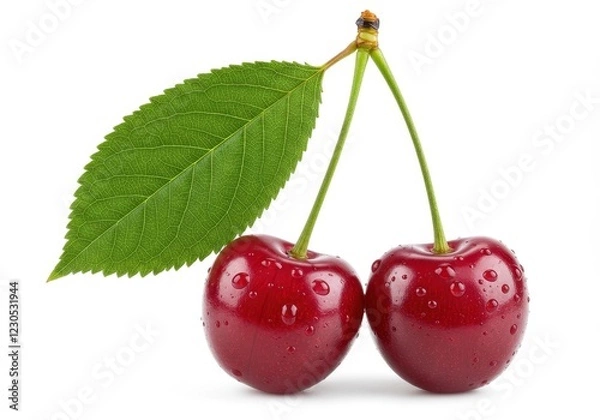 Fototapeta Glossy red cherries attached by their stems with a fresh green leaf with tiny water droplets isolated on a white background