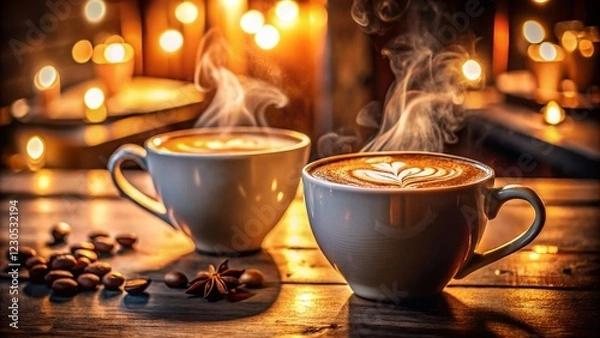 Fototapeta Warm Latte and Cappuccino in Low Light - Cozy Coffee Shop Ambiance