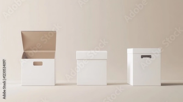Fototapeta 3D boxes mockup. Cardboard empty packing, white and craft realistic package. Isolated open, closed and pack with handle illustration