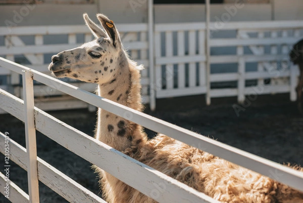 Obraz llamas graze in a pen on a farm