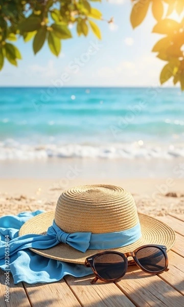 Fototapeta Straw hat with blue ribbon, sunglasses, and light blue scarf on wooden deck by the beach. Summer vacation and travel concept. Design for poster, banner, postcard, greeting card.