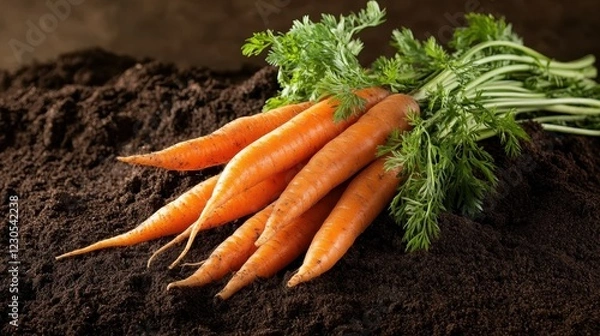 Fototapeta A vibrant bunch of fresh carrots with green tops, resting on rich, dark soil, showcasing the beauty of organic produce and the connection to nature's bounty.