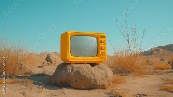 Fototapeta Vintage yellow television set placed on rock in dry desert landscape with blue sky, retro technology, nostalgic media, creative artistic composition, and abandoned old-fashioned screen