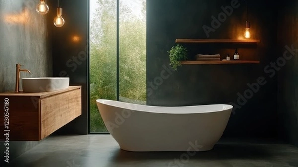 Obraz A serene bathroom featuring a modern bathtub and wooden accents, allowing natural light to enhance the calming atmosphere and aesthetic appeal.