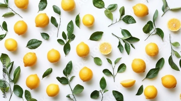 Fototapeta A fresh and vibrant arrangement of juicy lemons accompanied by green leaves, isolated on a white background