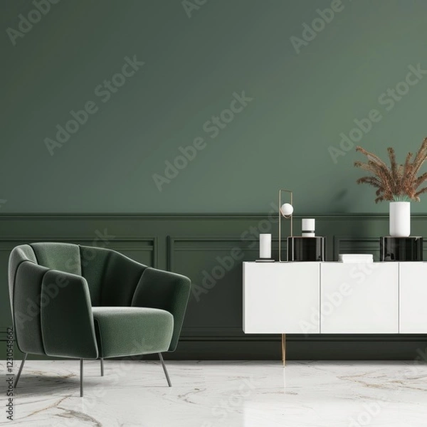 Fototapeta A green velvet armchair sits in front of a white cabinet against a sage green wall with decorative accents