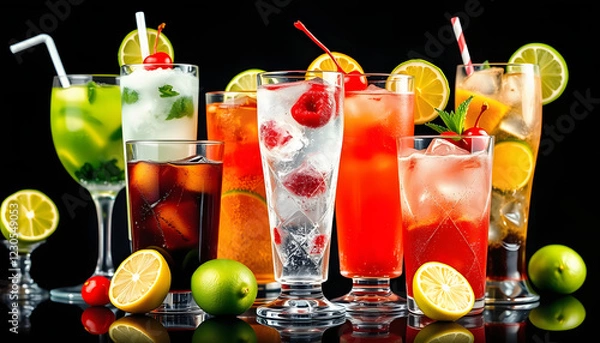 Fototapeta a group of glasses filled with different types of drinks and garnished with limes, cherries, and limes , with white tonespng