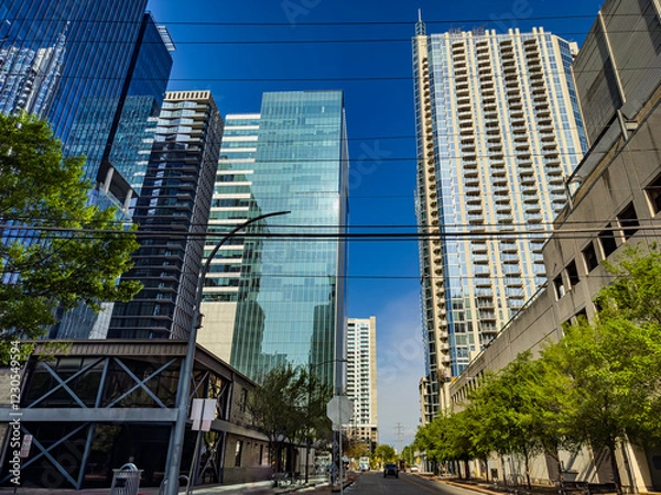Fototapeta Modern and beautiful architecture of buildings. City of Austin, State of Texas, United States. 03-15-2024