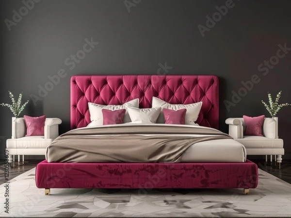 Obraz Luxurious bedroom interior with a king-sized bed with a tufted headboard. white nightstands. and a patterned rug