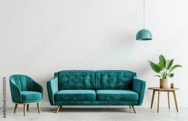 Fototapeta Teal sofa and armchair in a minimalist living room with white walls. wooden coffee table. and a green plant
