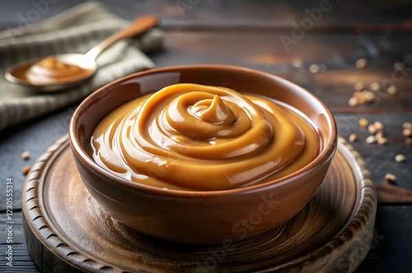 Fototapeta A rich, smooth bowl of caramel sauce, elegantly swirled, sits on a textured wooden surface, inviting indulgence.