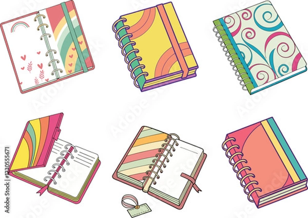 Fototapeta Detailed Spiral Notebook Vector Illustrations. Collection of Colorful Notebook Graphics Representing School Supplies, Office Essentials and Creative Expression for Design Projects.