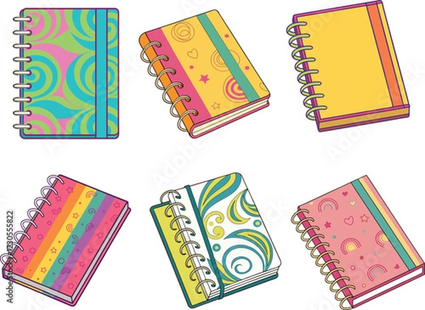 Fototapeta Detailed Spiral Notebook Vector Illustrations. Collection of Colorful Notebook Graphics Representing School Supplies, Office Essentials and Creative Expression for Design Projects.