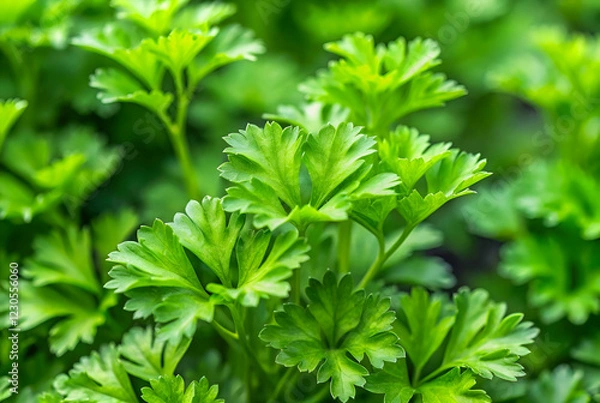 Fototapeta Fresh green cilantro leaves thrive in a garden setting, showcasing vibrant foliage perfect for culinary use.
