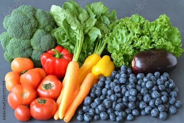 Fototapeta Fresh assortment of colorful vegetables and fruits arranged on a surface for healthy eating promotion