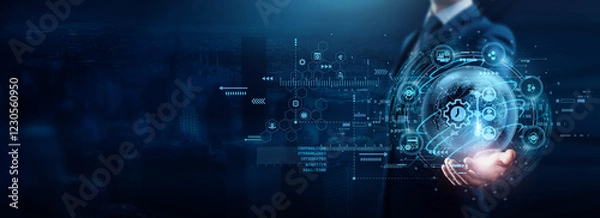 Fototapeta Businessman holding Enterprise Resource Planning (ERP) software, optimizing organizational efficiency and integrating core business functions seamlessly.