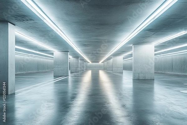 Fototapeta Modern underground parking garage with sleek lines and bright lighting during a quiet daytime
