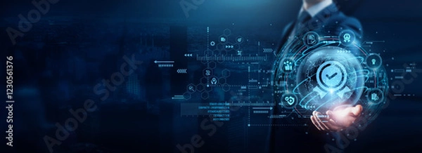 Fototapeta Businessman holding quality assurance protocols, ensuring products meet industry standards and enhancing customer satisfaction through systematic processes. Defects and builds trust in the offerings.