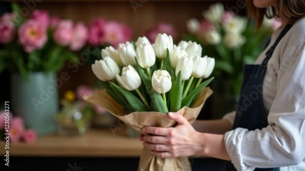 Fototapeta a large bouquet of white tulips in kraft paper in close-up in the hands of a florist girl. choosing a bouquet at a flower shop. bouquet assembly