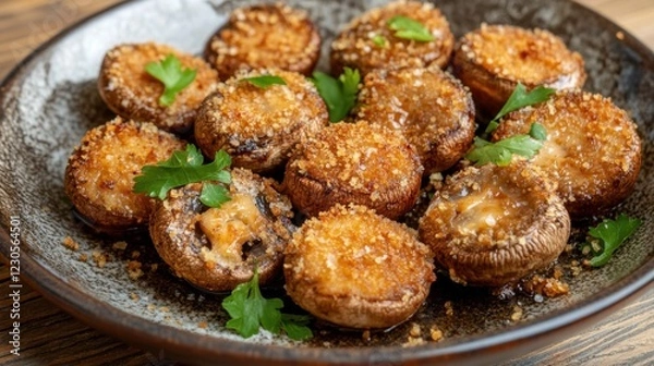 Fototapeta Delicious baked stuffed mushrooms with cheese and breadcrumbs garnished with fresh parsley