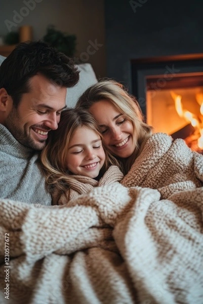 Fototapeta Family of three hugging and enjoying cozy time together near a fireplace, wrapped in blankets during the winter season.