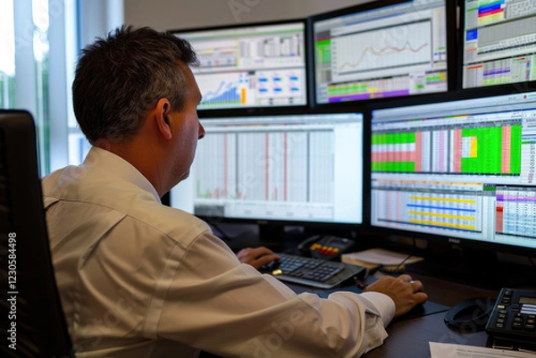 Fototapeta Accountant Analyzing Financial Data on Monitors in a Modern Office Environment
