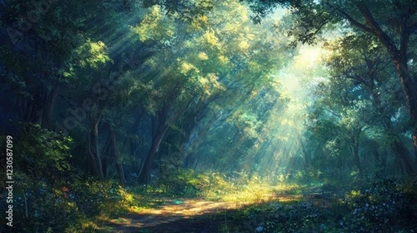 Fototapeta Sunlit Path Through A Lush Green Forest