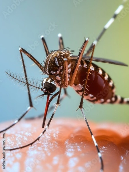 Fototapeta Mosquito biting a person's skin. Close-up image showing insect feeding on human skin, emphasizing the role mosquitoes play in disease transmission.