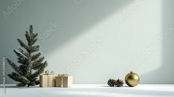 Obraz Christmas gifts under tree, light pattern on plain wall