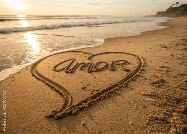 Fototapeta heart on the beach write amor, love