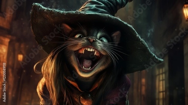 Fototapeta A cat wearing a black hat and a black dress. The cat is smiling and has its mouth open